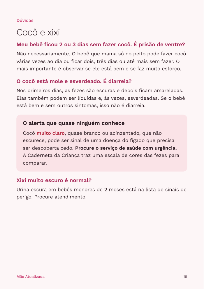 Página do guia com dúvidas sobre cocô e xixi
